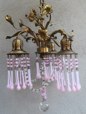 Vintage French Brass Bronze Lily Butterfly Rose lamp Chandelier Pink opalin Pris Cover
