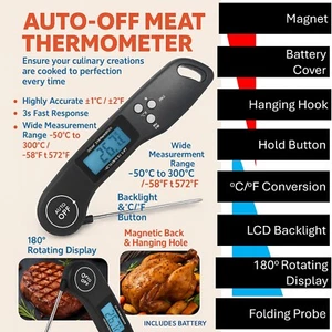 Termómetro de carne para barbacoa lectura instantánea - Sonda de alimentos plegable con retención y máx./min - Imagen 1 de 15