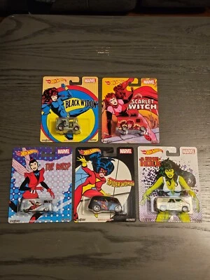 HOT WHEELS POP CULTURE MARVEL COMPLETE SET OF 5 CARS PREMIUM REAL RIDERS MOC HTF - Image 1 of 4