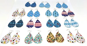 NEW! Blue Patterned Christmas Santa Snowman Teardrop Faux Leather Earrings Bundl - Picture 1 of 11