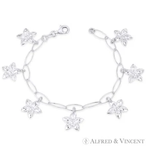 Orchid Flower & 5mm Oval Link Chain Italy Charm Bracelet in .925 Sterling Silver - Picture 1 of 1