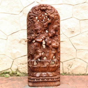 Radhakrishna Statue Large Wooden Krishna Carving Big Hindu Home Garden Decor Art - Picture 1 of 7