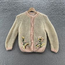 VTG 50s Primrose Knit Girls L Cream Floral Mohair Wool Knit Cardigan Cottagecore