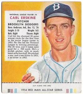 1954 Red Man Baseball #NL4 Carl Erskine Brooklyn Dodgers con linguetta - G BUONO - Foto 1 di 2