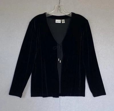 Chicos 女式 2 码美国大号天鹅绒丝绒黑色开口领带前开衫夹克 — 第 1/4 张图片