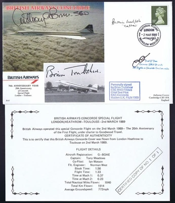 CONCORDE 20th ANN.FLT COVER SIGNED Cpt TRUBSHAW/WALPOLE/BROWN & FINN_LON-TOU#1/1 - Image 1 of 2