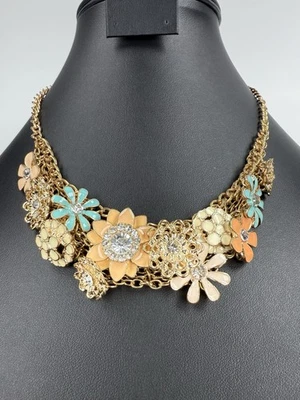Betsey Johnson Chunky Crystal Enamel Sea Flower Gold Tone Multi Strand Necklace - Image 1 of 4