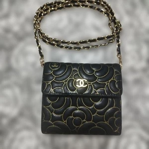 CHANEL Camellia Compact Wallet Trifold Leather with Chain Strap Authentic Used - Picture 1 of 19