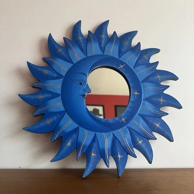 Vintage 90s Celestial Sun Moon Stars Mirror 12in Hand Painted Whimsygoth Blue - Image 1 of 2