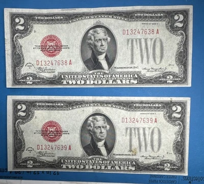 2- 1928 $2 Bills Two Dollar Notes Red Seal Sequential Serial Numbers - Image 1 of 2