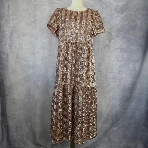 Anthropologie Maeve Kleid Damen Medium Rosa Bernadette Pailletten Stufen Midi Schwer - Bild 1 von 16