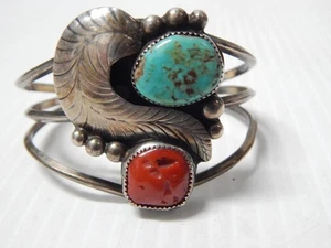 VINTAGE PAWN WIDE NAVAJO INDIAN STERLING SILVER CORAL TURQUOISE CUFF BRACELET - Picture 1 of 5