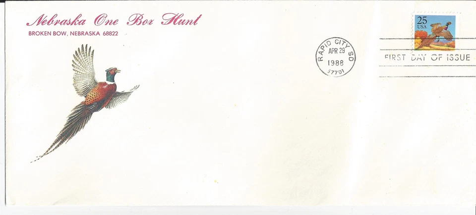  FDC  1988 FDC PHEASANT NEBRASKA ONE BOX HUNT SCOTT #2283 - Image 1 of 1