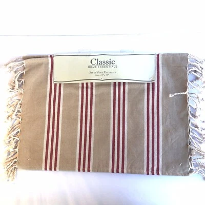 NWT Home Essentials Red White Khaki Striped Placemats With Rope Tassels Set Of 4 - Image 1 of 4