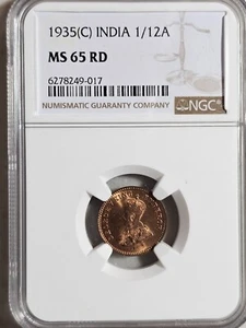 India 1/12 Anna 1935C NGC MS 65 RD - Picture 1 of 2