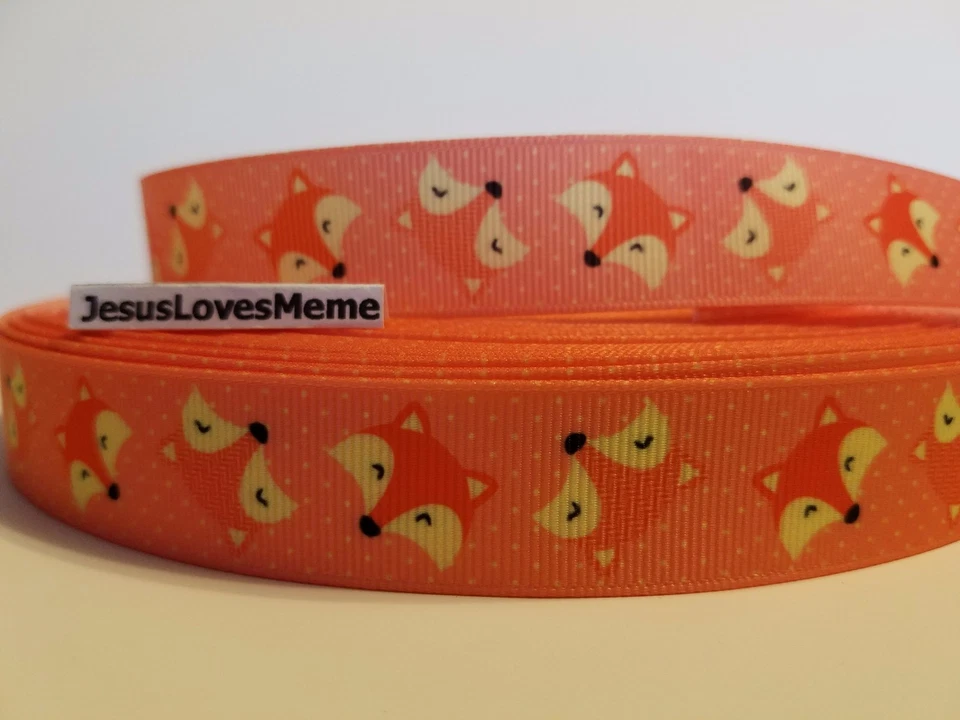 Grosgrain Ribbon Fox Head on Light Polka Dot Orange Wild Animals Canine 7/8" - Image 1 of 1