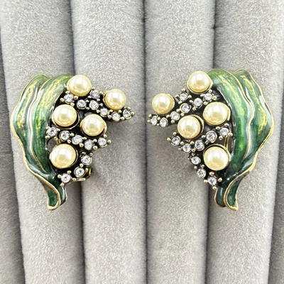 Heidi Daus Earrings Enamel Green Lily of the Valley Omega Back Imitation Pearl - Image 1 of 4