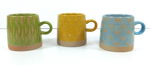 Joyye Stoneware Pottery Cups Mugs X3 Green Yellow Mustard Blue - Picture 1 of 9