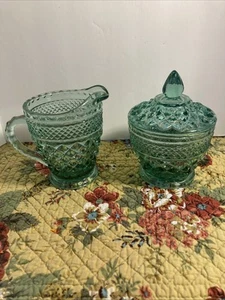Vintage Anchor Hocking Wexford Green Glass Creamer and Sugar Bowl w/Lid - Picture 1 of 5