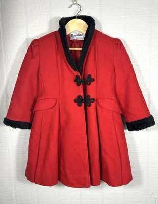 Casaco Swing Vintage Rothschild Meninas Tamanho 4 Lã Vermelha Acabamento Preto União Feito Nos EUA - Imagem 1 de 4