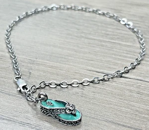 Judith Jack Sterling 925 Enamel Marcasite 3D Flip Flop Shoe Dangle Charm Anklet - Picture 1 of 13