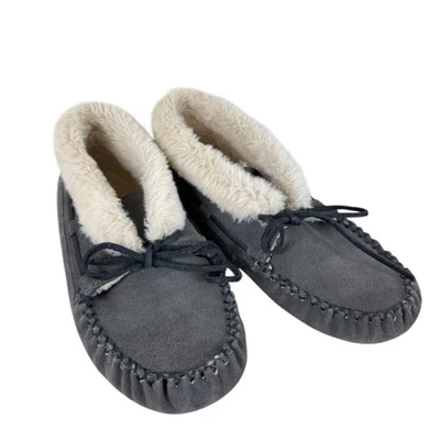 Minnetonka Gray Suede Leather Hard Sole Faux Fur Lined Bootie Slippers Size 10 - Image 1 of 4