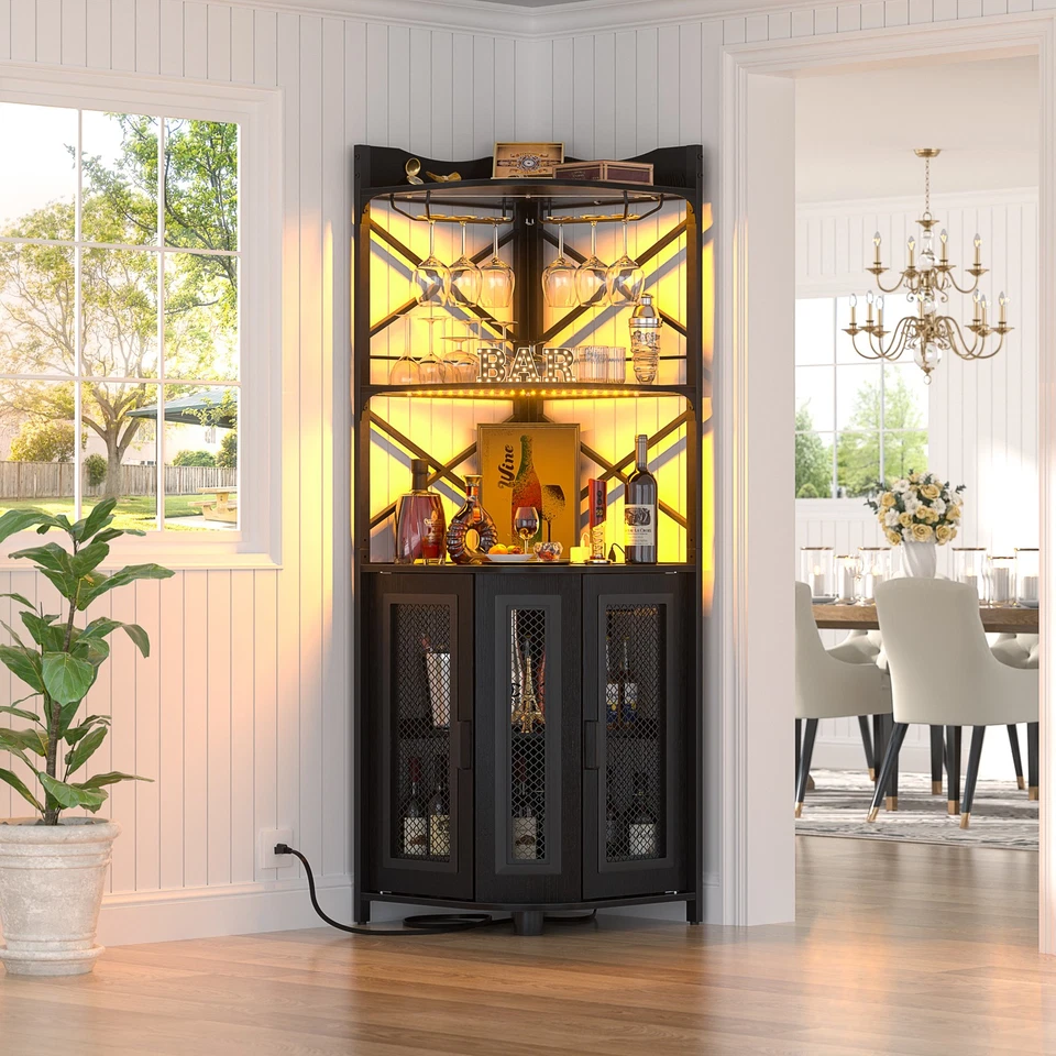 Corner Wine Bar Cabinet with Power Outlets and LED Lights and Wine Glass Holder - Image 1 of 4
