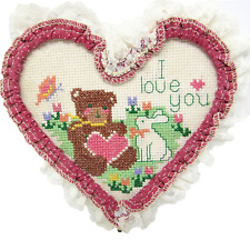 I Love You Cross Stitch Heart Teddy Bear Mounted Lace Completed 6" Handmade