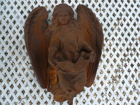 GORGEOUS ANTIQUE CAST IRON ANGEL HOLY WATER FONT TINY REMNANTS OLD WHITE PAINT Cover