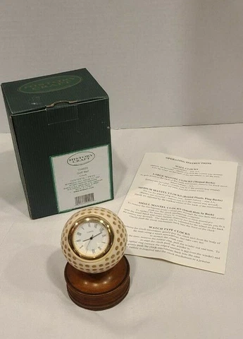 NEW Golf Ball Shaped Clock on Wooden Base - History Craft Enesco with Box Cover