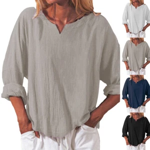 Plus Size Womens Cotton Linen Baggy Tops Tunic Long Sleeve T-Shirt Casual Blouse - Picture 1 of 14