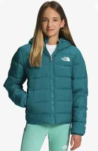 The North Face Reversible Jacket Down Hooded Girls Small Harbor Blue Teal New - Picture 1 of 7