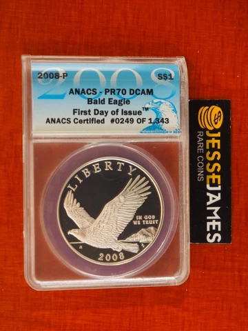 2008 P PROOF SILVER BALD EAGLE COMMEMORATIVE DOLLAR ANACS PR70 FIRST DAY ISSUE Cover