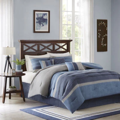 QUALITY ULTRA SOFT MODERN LIGHT BLUE GREY NAVY CASUAL 7 PC COMFORTER SET QUEEN & KING
