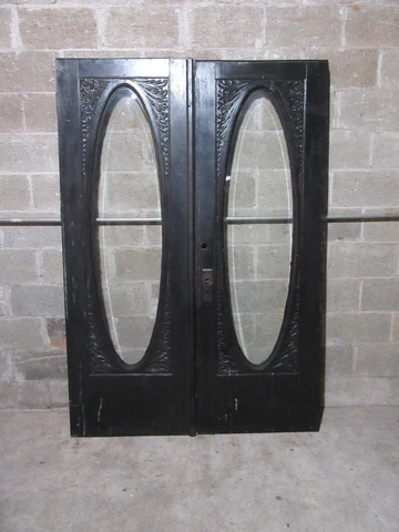 ~ ANTIQUE CARVED OAK DOUBLE ENTRANCE FRENCH DOORS OVAL BEVELED GLASS ~ SALVAGE Cover