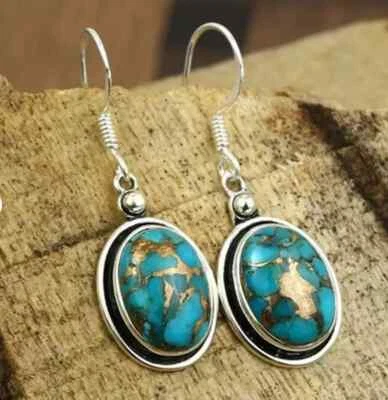 Blue Copper Turquoise Solid 925 Sterling Silver Beautiful Popular Earring, M661 - Image 1 of 4