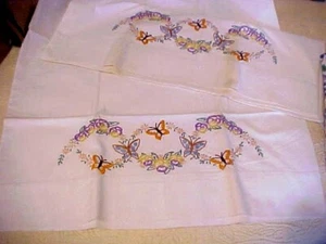 VTG Pillowcases Embroidered Butterflies and Pansies - Picture 1 of 3