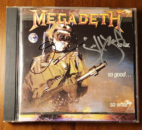 SIGNED BY DAVID ELLEFSON AND JEFF YOUNG MEGADETH SO FAR SO GOOD SO WHAT RARE CD Cover
