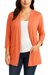Chico's Coral Open Front Long Sleeve Cardigan With Pockets Womens Size 2 Large - Picture 1 of 13
