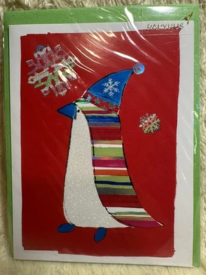 Papyrus Christmas Card 2010 HTF Doodle Penguin Foil Stripes Glitter Celebrate - Image 1 of 4
