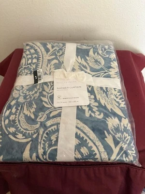 NOVA Cortina de Chuveiro Pottery Barn Alessandra Floral Algodão Orgânico Denim Azul - Imagem 1 de 4