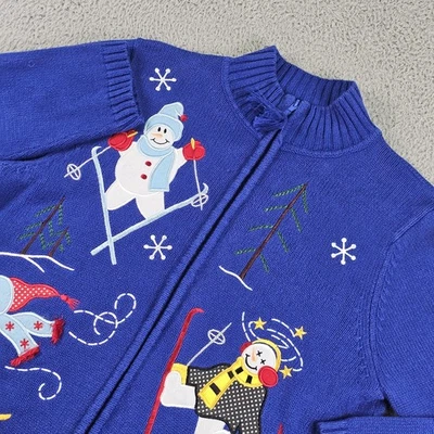 Dressbarn Sweater Womens Medium Blue Zip Cardigan Snowman Ski Christmas Holiday - Image 1 of 4