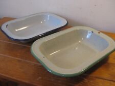 2 x Vintage Enamel Cooking Dishes (Blue / Green) 1960s - Good Condition