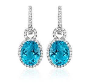3.36ct Natural Round Diamond 14k White Gold Blue Topaz Hoops Earring - Picture 1 of 3