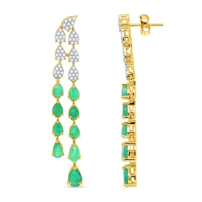 Brinco feminino de ouro amarelo 14K com certificação de diamante real e gota de esmeralda 1,15 quilate - Imagem 1 de 4