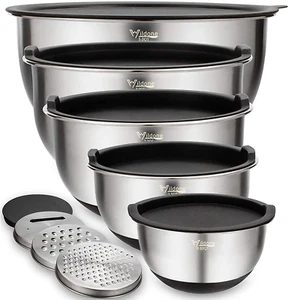 Mixing Serving Bowls Set of 5, Airtight Lids, 3 Grater Attachments & Non-Slip - Picture 1 of 12