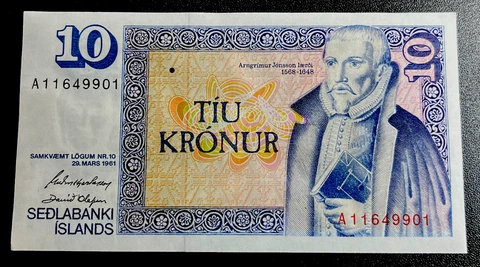 RARE 1961 Iceland 10 Kronur  STUNNING COLOR UNC BANKNOTE BEAUTIFUL CRISP MS Cover