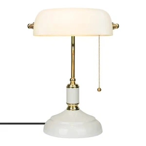 Bankerlampe Weiß Schreibtischlampe Vintage mit Messingfuß und Reißverschluss-... - Bild 1 von 6
