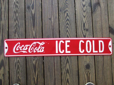 AS IS Coca-Cola Street Sign Red Embossed Steel Ice Cold Retro Coke - Image 1 of 4