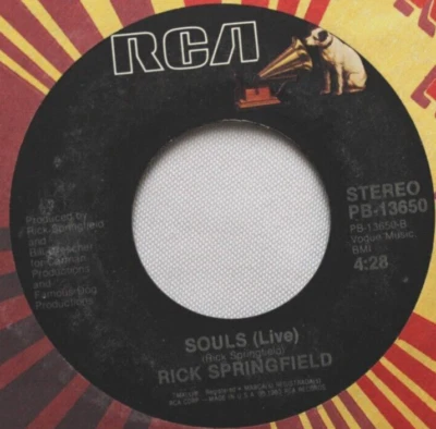 RICK SPRINGFIELD SOULS / SOULS LIVE 45 7" VINYL RECORD VG++ RCA - Image 1 of 4